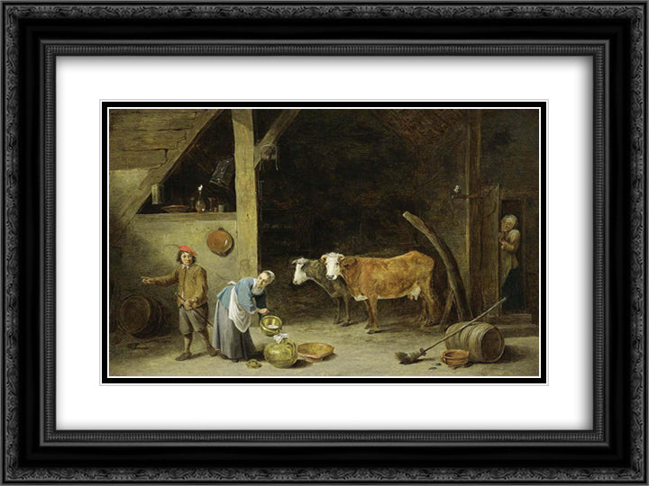A Barn Interior 24x18 Black Ornate Wood Framed Art Print Poster with Double Matting by Teniers the Younger, David