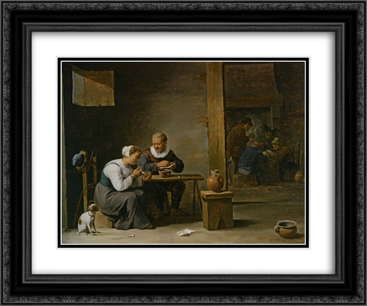 A man and woman smoking a pipe seated in an interior with peasants playing cards on a table 24x20 Black Ornate Wood Framed Art Print Poster with Double Matting by Teniers the Younger, David