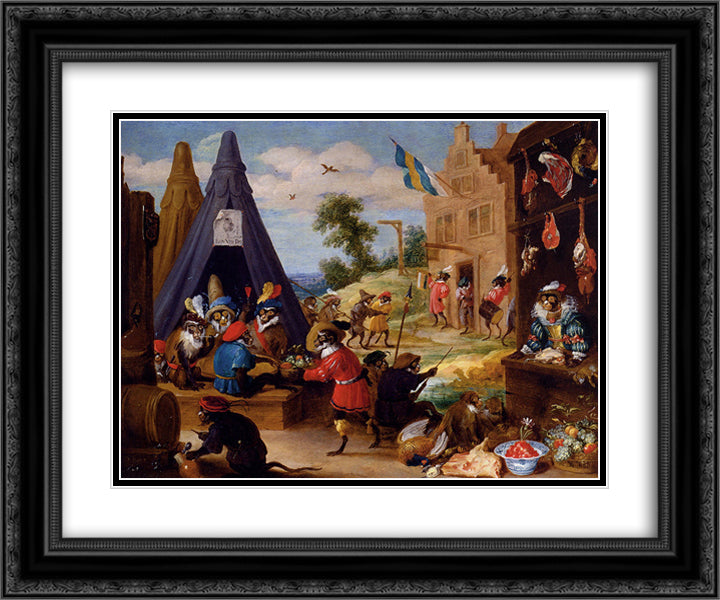 A Monkey Encampment 24x20 Black Ornate Wood Framed Art Print Poster with Double Matting by Teniers the Younger, David