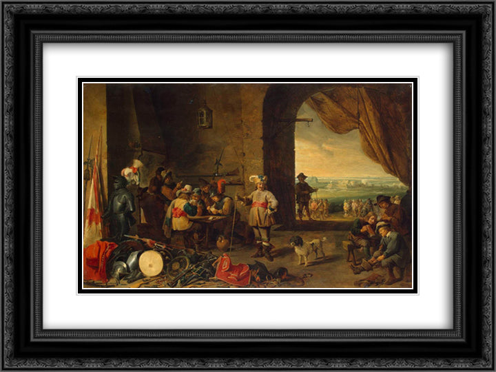 Guardroom 24x18 Black Ornate Wood Framed Art Print Poster with Double Matting by Teniers the Younger, David