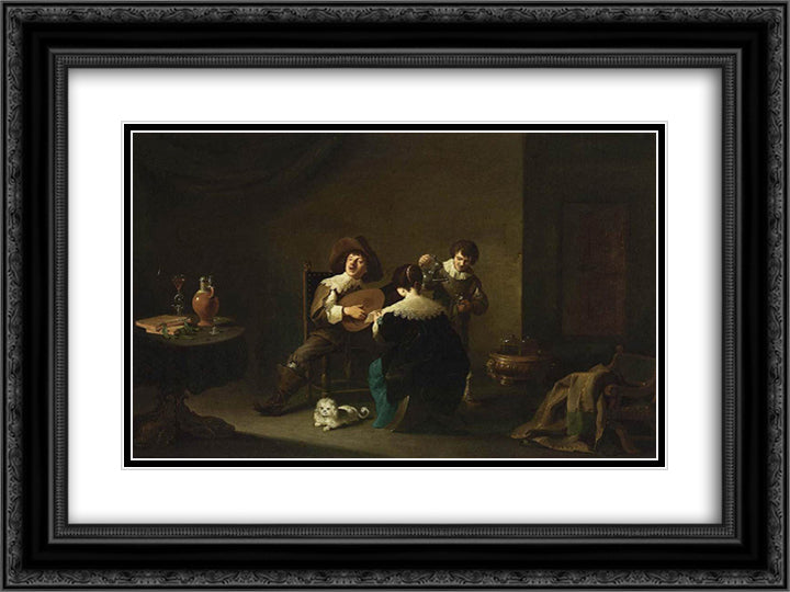Interior with a Gentleman Playing a Lute and a Lady Singing 24x18 Black Ornate Wood Framed Art Print Poster with Double Matting by Teniers the Younger, David