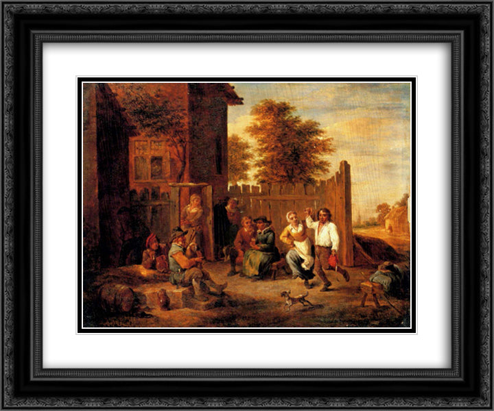 Peasants merrying outside an inn 24x20 Black Ornate Wood Framed Art Print Poster with Double Matting by Teniers the Younger, David