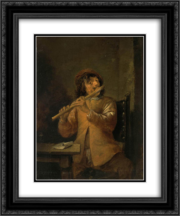 The Flautist 20x24 Black Ornate Wood Framed Art Print Poster with Double Matting by Teniers the Younger, David
