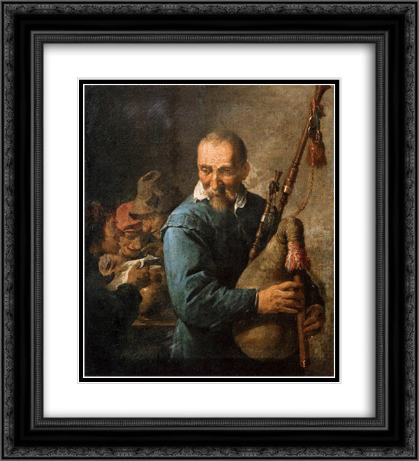 The Musette Player 20x22 Black Ornate Wood Framed Art Print Poster with Double Matting by Teniers the Younger, David