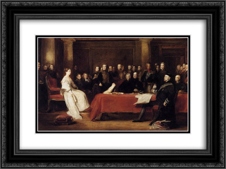 The First Council of Queen Victoria 24x18 Black Ornate Wood Framed Art Print Poster with Double Matting by Wilkie, David