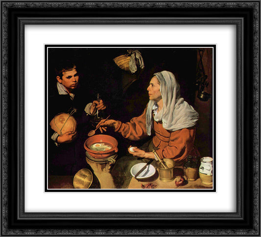 An Old Woman Cooking Eggs 22x20 Black Ornate Wood Framed Art Print Poster with Double Matting by Velazquez, Diego