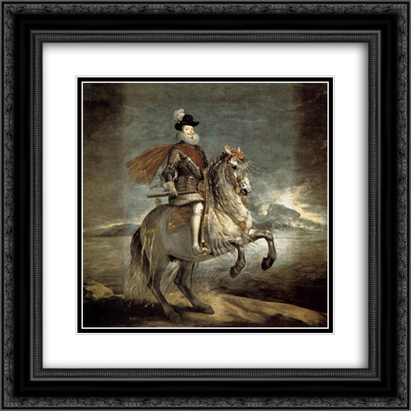 Equestrian Portrait of Philip III 20x20 Black Ornate Wood Framed Art Print Poster with Double Matting by Velazquez, Diego