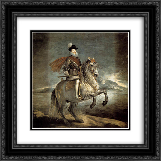 Equestrian Portrait of Philip III 20x20 Black Ornate Wood Framed Art Print Poster with Double Matting by Velazquez, Diego