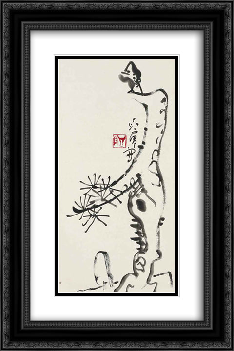 Bird on a Pine 16x24 Black Ornate Wood Framed Art Print Poster with Double Matting by Yanyong, Ding