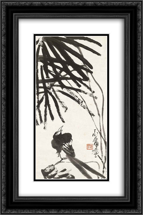 Bird under Tree 16x24 Black Ornate Wood Framed Art Print Poster with Double Matting by Yanyong, Ding