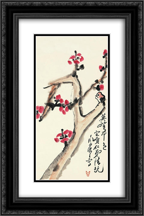 Camellia and bird 16x24 Black Ornate Wood Framed Art Print Poster with Double Matting by Yanyong, Ding