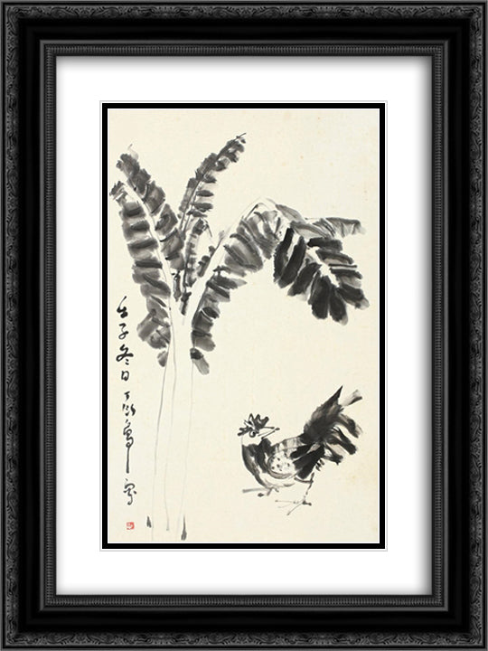 Cock and Banana Leaves 18x24 Black Ornate Wood Framed Art Print Poster with Double Matting by Yanyong, Ding