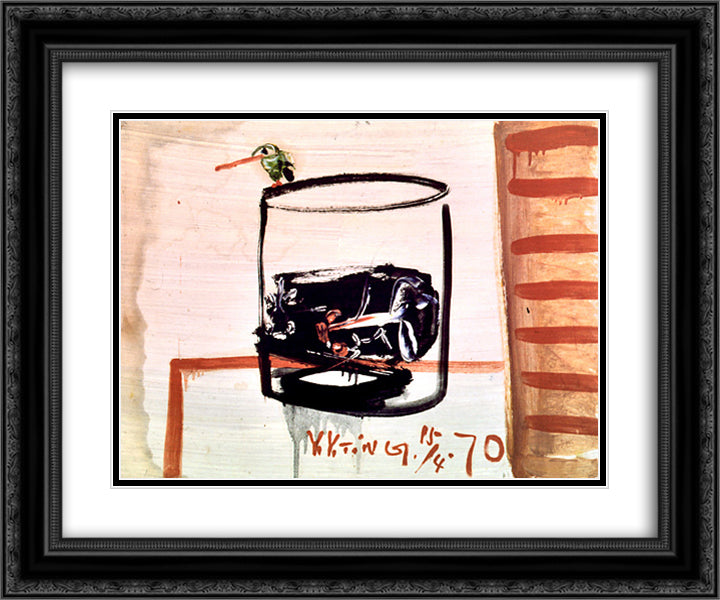 Glass, Gold Fish and Bird 24x20 Black Ornate Wood Framed Art Print Poster with Double Matting by Yanyong, Ding
