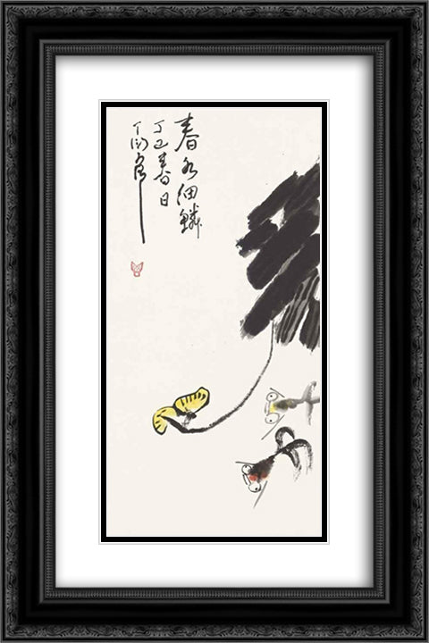Goldfish and Flowers in Spring 16x24 Black Ornate Wood Framed Art Print Poster with Double Matting by Yanyong, Ding