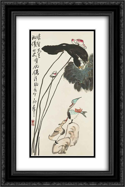 Lotus, Frogs and Mandarin Ducks 16x24 Black Ornate Wood Framed Art Print Poster with Double Matting by Yanyong, Ding