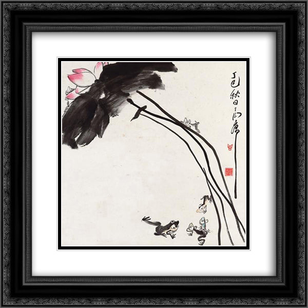 Lotus and Frogs 20x20 Black Ornate Wood Framed Art Print Poster with Double Matting by Yanyong, Ding
