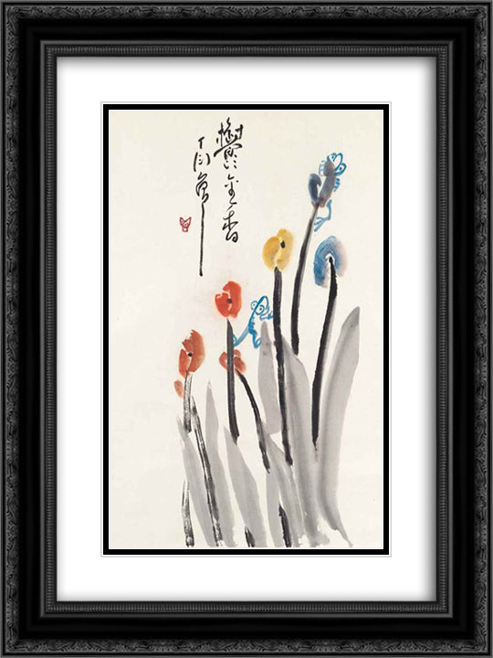 Tadpoles on Tulips 18x24 Black Ornate Wood Framed Art Print Poster with Double Matting by Yanyong, Ding