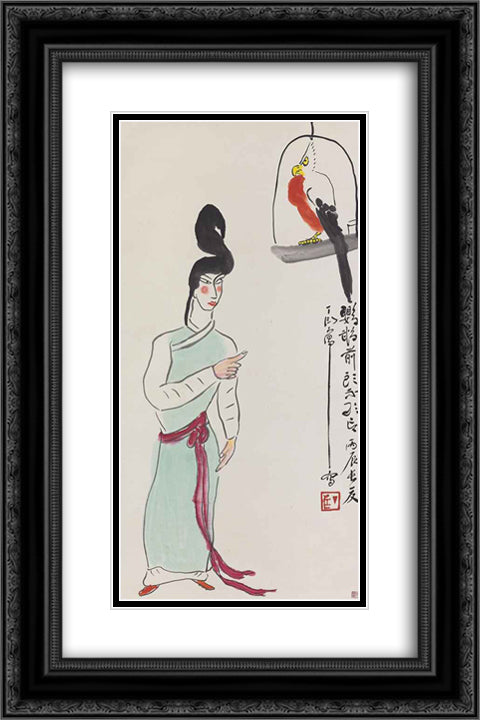 Woman and Parrot 16x24 Black Ornate Wood Framed Art Print Poster with Double Matting by Yanyong, Ding
