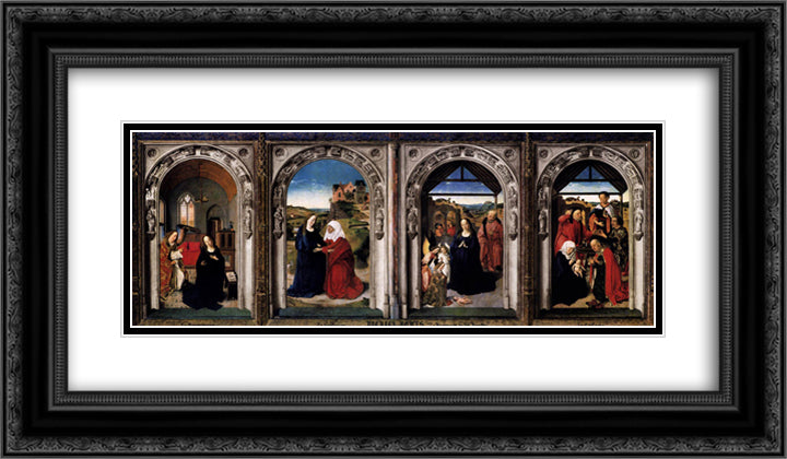 Polyptych of the Virgin The Annunciation, The Visitation, The Adoration Of The Angels and The Adoration Of The Kings 24x14 Black Ornate Wood Framed Art Print Poster with Double Matting by Bouts, Dirck