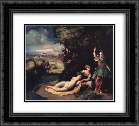 Diana and Calisto 22x20 Black Ornate Wood Framed Art Print Poster with Double Matting by Dosso Dossi