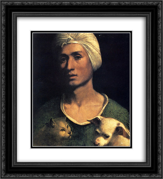 Portrait of a young man with a dog and a cat 20x22 Black Ornate Wood Framed Art Print Poster with Double Matting by Dosso Dossi