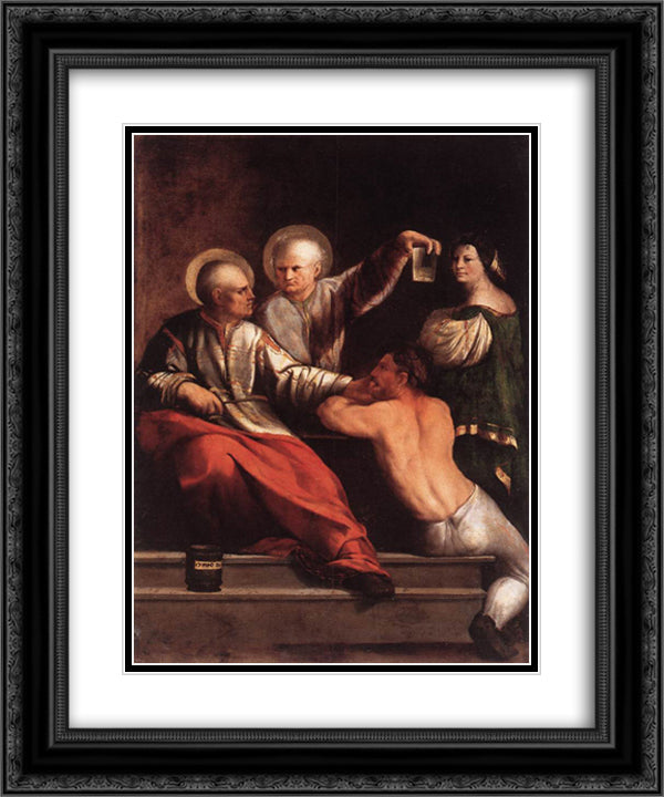 St Cosmas and St Damian 20x24 Black Ornate Wood Framed Art Print Poster with Double Matting by Dosso Dossi