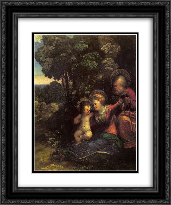 The Rest on The Flight into Egypt 20x24 Black Ornate Wood Framed Art Print Poster with Double Matting by Dosso Dossi