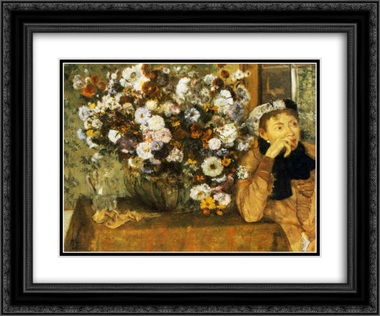 A Woman Seated beside a Vase of Flowers 24x20 Black Ornate Wood Framed Art Print Poster with Double Matting by Degas, Edgar