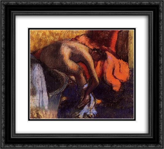 After Bathing, Woman Drying Her Leg 22x20 Black Ornate Wood Framed Art Print Poster with Double Matting by Degas, Edgar