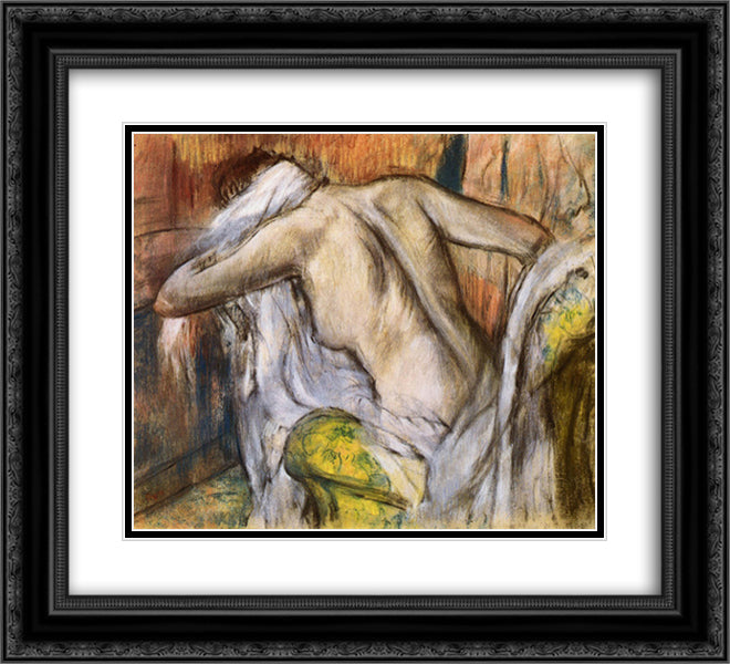 After Bathing, Woman Drying Herself 22x20 Black Ornate Wood Framed Art Print Poster with Double Matting by Degas, Edgar