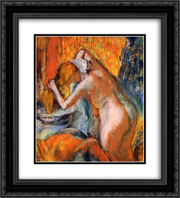 After the Bath, Woman Drying Her Hair 20x22 Black Ornate Wood Framed Art Print Poster with Double Matting by Degas, Edgar