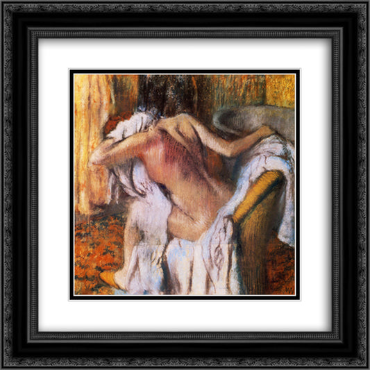 After the Bath, Woman Drying Herself 20x20 Black Ornate Wood Framed Art Print Poster with Double Matting by Degas, Edgar