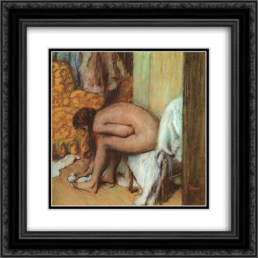 After the Bath (Woman wiping her left foot) 20x20 Black Ornate Wood Framed Art Print Poster with Double Matting by Degas, Edgar