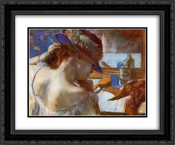 At the Mirror 24x20 Black Ornate Wood Framed Art Print Poster with Double Matting by Degas, Edgar