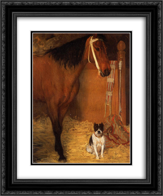 At the Stables, Horse and Dog 20x24 Black Ornate Wood Framed Art Print Poster with Double Matting by Degas, Edgar