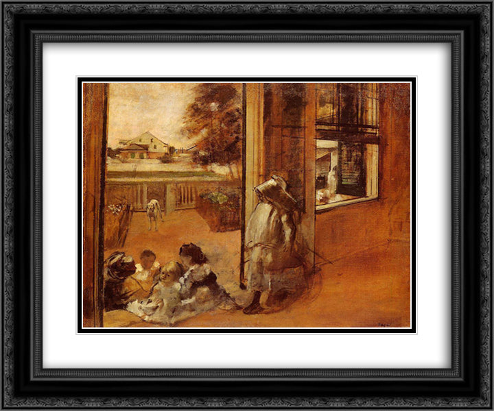 Children on a Doorstep 24x20 Black Ornate Wood Framed Art Print Poster with Double Matting by Degas, Edgar