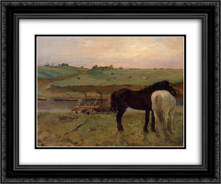 Horses in a Meadow 24x20 Black Ornate Wood Framed Art Print Poster with Double Matting by Degas, Edgar