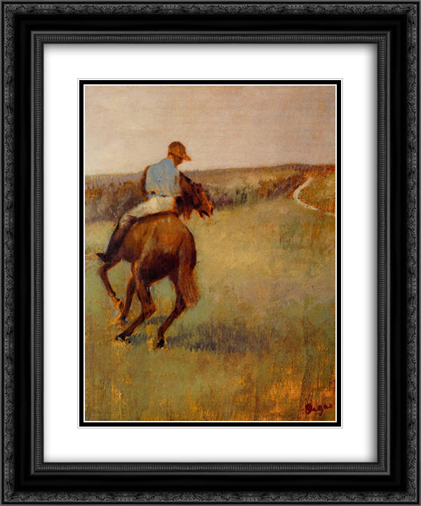 Jockey in Blue on a Chestnut Horse 20x24 Black Ornate Wood Framed Art Print Poster with Double Matting by Degas, Edgar