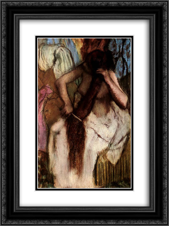 Seated Woman Combing Her Hair 18x24 Black Ornate Wood Framed Art Print Poster with Double Matting by Degas, Edgar