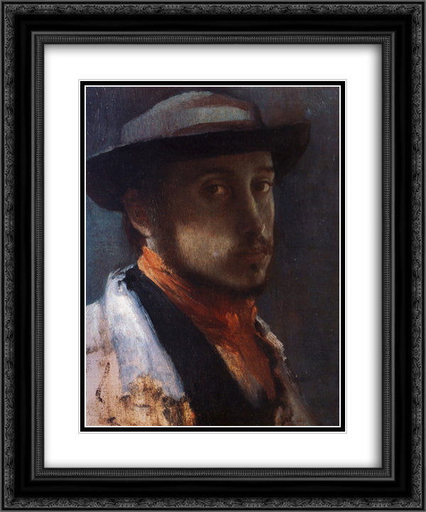 Self Portrait in a Soft Hat 20x24 Black Ornate Wood Framed Art Print Poster with Double Matting by Degas, Edgar