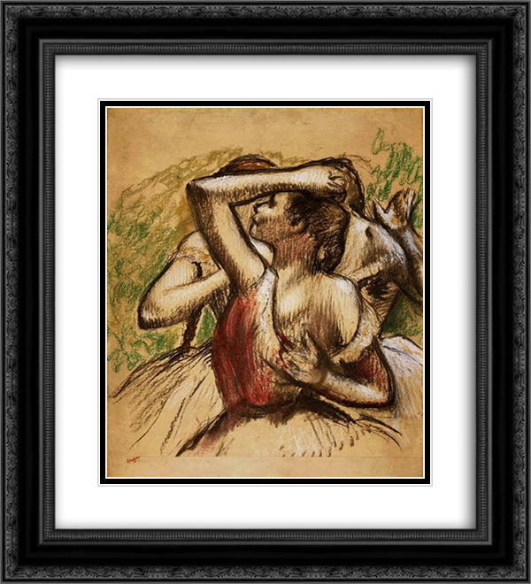 Three Ballet Dancers, One with Dark Crimson Waist 20x22 Black Ornate Wood Framed Art Print Poster with Double Matting by Degas, Edgar
