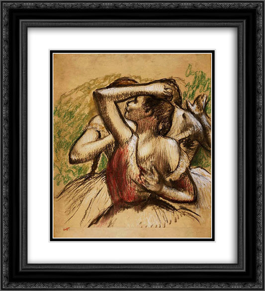 Three Ballet Dancers, One with Dark Crimson Waist 20x22 Black Ornate Wood Framed Art Print Poster with Double Matting by Degas, Edgar