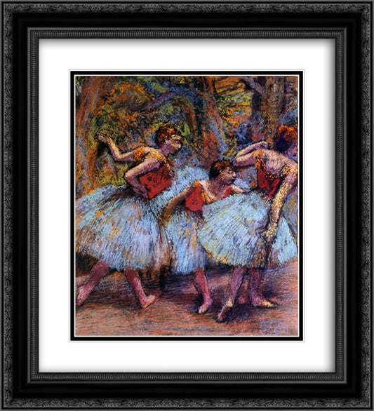Three Dancers, Blue Skirts, Red Blouses 20x22 Black Ornate Wood Framed Art Print Poster with Double Matting by Degas, Edgar