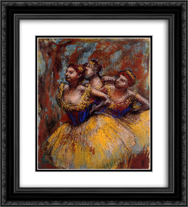 Three Dancers. Yellow Skirts, Blue Blouses 20x22 Black Ornate Wood Framed Art Print Poster with Double Matting by Degas, Edgar