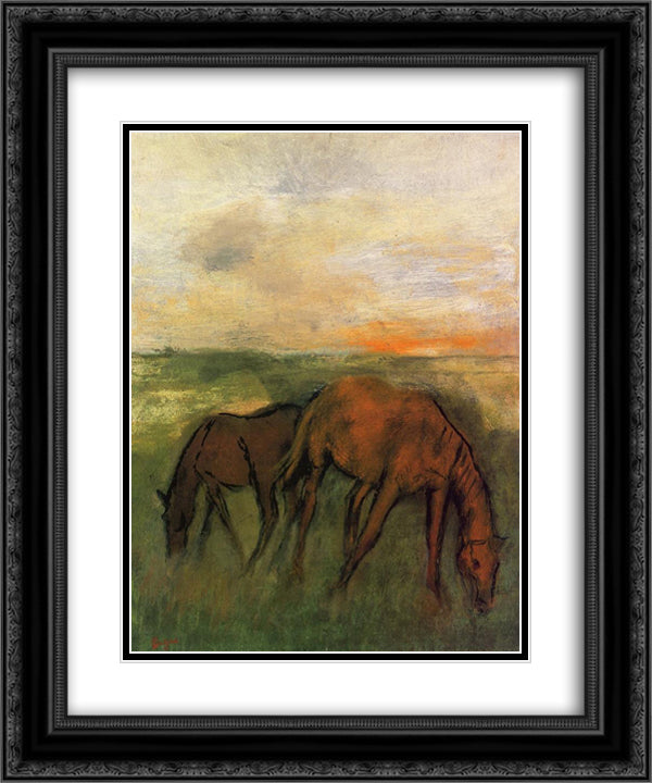 Two Horses in a Pasture 20x24 Black Ornate Wood Framed Art Print Poster with Double Matting by Degas, Edgar