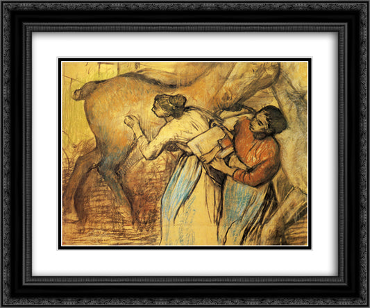 Two Laundresses and a Horse 24x20 Black Ornate Wood Framed Art Print Poster with Double Matting by Degas, Edgar