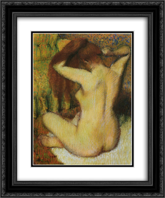 Woman Combing Her Hair 20x24 Black Ornate Wood Framed Art Print Poster with Double Matting by Degas, Edgar