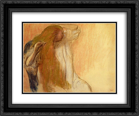 Woman Combing Her Hair 24x20 Black Ornate Wood Framed Art Print Poster with Double Matting by Degas, Edgar