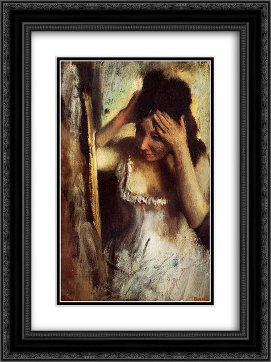 Woman Combing Her Hair in front of a Mirror 18x24 Black Ornate Wood Framed Art Print Poster with Double Matting by Degas, Edgar
