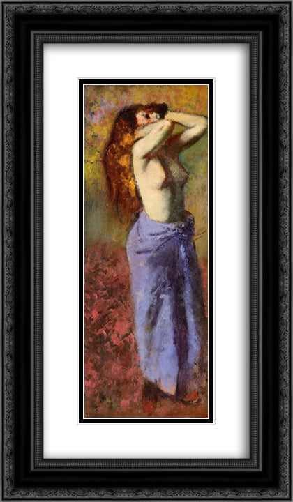 Woman in a Blue Dressing Gown, Torso Exposed 14x24 Black Ornate Wood Framed Art Print Poster with Double Matting by Degas, Edgar